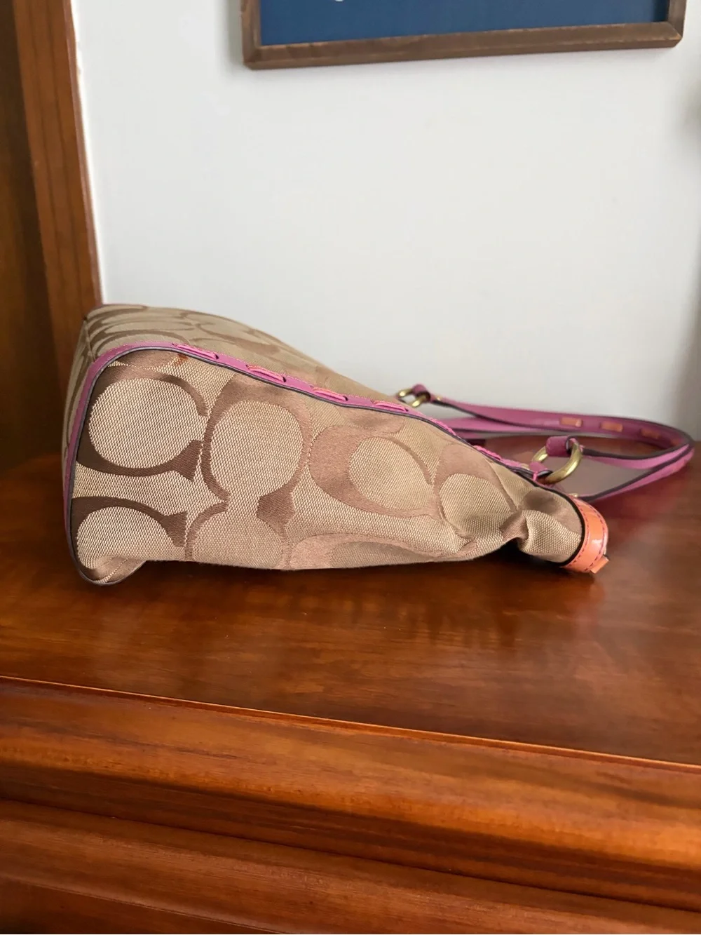 Coach Brown Signature Canvas Tote with Pink Trim Tattersall Lining *READ*